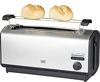 KHG Toaster TO-1200VS | Langschlitztoaster 4 Scheiben Edelstahl matt 1200 W | mit Brötchenaufsatz, 7 Bräunungsstufen mit Bräunungskontrolle, Krümelfach, Auftau- und Aufwärmfunktion