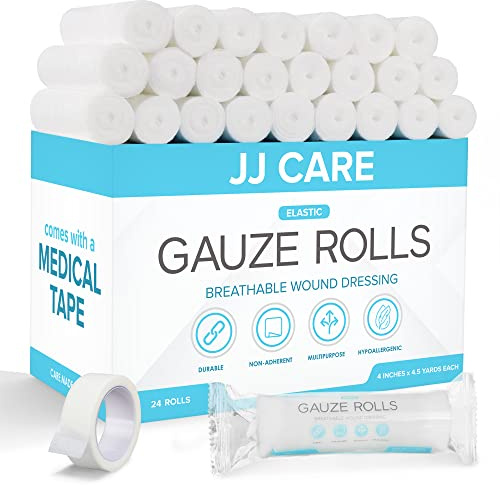 JJ CARE Gauze Rolls Pack of 24, Individually Wrapped Gauze Bandage Roll, with Bonus Medical Tape, 4 inches x 4.1 Yards Rolled Gauzes