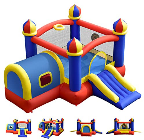 COSTWAY Château Gonflable pour Enfant avec Espace de Rebonds, Petite Maison, Toboggan, Panier de Basket, Sac de Transport et Kit de Réparation, 335 x 382 x 210 cm(sans Gonfleur)