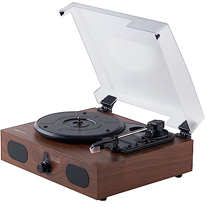 Amazon Basics Desktop Vinyl Record Player Turntable with Bluetooth Playback, Built-in Speakers, 3-Speed, Wireless Playback, Black