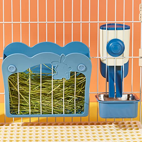 Comedero Heno Conejo 3 en 1 con Comedero y Embudo para Colgar en Jaula, Alimentador para Conejo Cobaya Chinchilla (Azul)