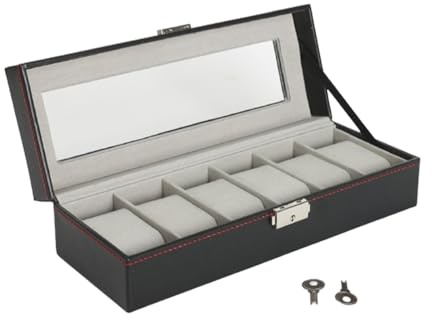 LKH Boîte à montres à 6 emplacements – Étui de rangement de montres de qualité supérieure avec fermoir en métal et 2 clés, en cuir synthétique avec coussins amovibles pour homme et femme, vitrine avec