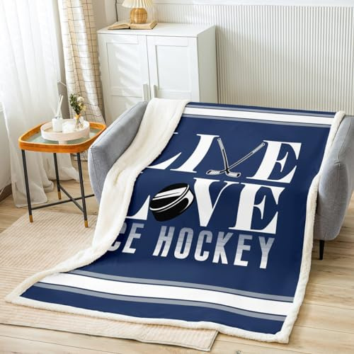 Ice Hockey Sherpa Blanket Throw 50x60 Ice Sports Games Fleece Throw Blanket for Bed Sofa Couch Boys Girls Decor Hockey Player Plush Blanket Microfiber Puck Hockey Fuzzy Blanket