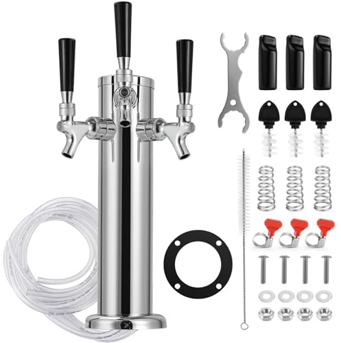 3 Tap Kegerator Tower Beer Tap Tower, Stainless Core Beer Faucet Dispenser with Pre-installed Beer Lines, Draft Beer Keg Tower with Kegerator Parts for Homebrew