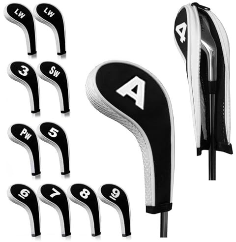 Lot de 12 housses de protection imperméables à fermeture éclair pour tête de club de golf 3-9, Pw, Aw, Sw, Lw, Lw, pour homme et femme (blanc)