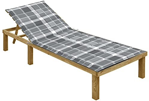 vidaXL Kiefernholz Imprägniert Sonnenliege mit Grauer Karomuster-Auflage Gartenliege Relaxliege Holzliege Liege Gartenmöbel Saunaliege Freizeitliege Strandliege