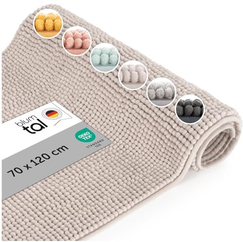 Blumtal Badematte 70x120 cm Hochflor Chenille - Oeko-TEX zertifizierter Badteppich - Badematten & Badteppiche - Duschvorleger - Badvorleger rutschfest waschbar - Badmatte - Badezimmerteppich Beige