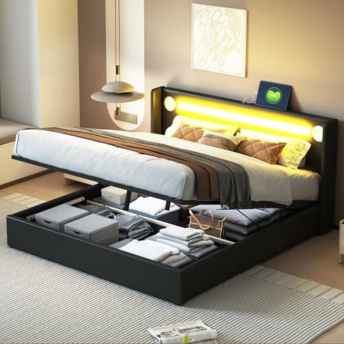 Letto matrimoniale imbottito 160 x 200 cm, con testiera LED, altoparlante Bluetooth e ricarica USB, in ecopelle, letto imbottito con spazio e rete a doghe, senza materasso (nero, 160 x 200 cm)
