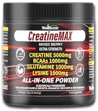 WellBoost CreatineMAX Powder - 5000mg Creatine Monohydrate, 1000mg BCAAs, Glutamine, Lysine per Serving - Sugar Free, Mixed Berry Flavour - Lean Muscle, Recovery & Endurance - 300g, 1 Month Supply