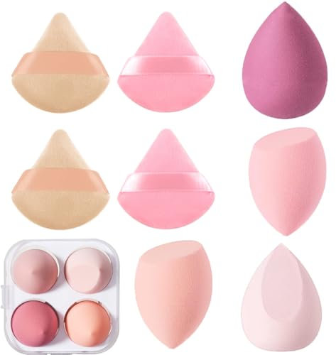 KOLZEMV 8 Stück Make Up Schwamme Puderquaste - Make Up Schwamm Set Mit 4 Puderquasten Und 4 Schwämmen, make up schwamm, makeup sponge, Mit Aufbewahrungsbox - Für Foundation Pulver Creme Flüssigkeit