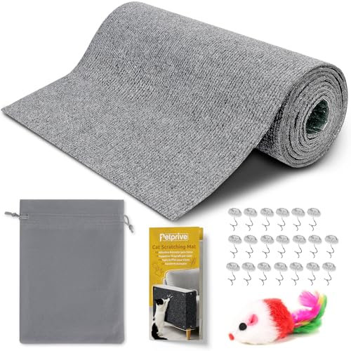 Petprive Kratzmatte Selbstklebend als Kratzschutz Sofa Katze 300x40cm XL Grau Mit Spielzeug, Befestigungshaken und Tasche - Kratzmatte Katze - Kratzfolie Katzen Selbstklebend - Kratzecke