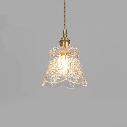 Chrasy Vintage Pendelleuchte E27 mit Klassischem Glas Lampenschirm Graviert, Kleine Retro Hängeleuchte Messingfarben für Küche Esstisch Wohnzimmer Bar Café