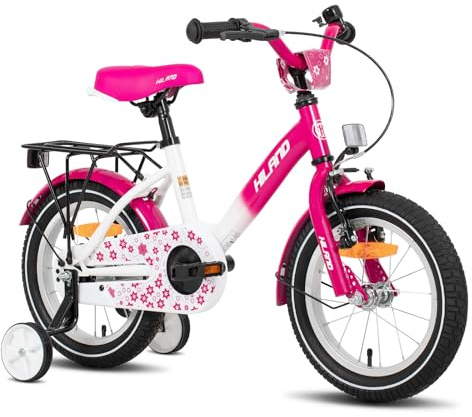 Hiland 16 Inch Kids Bike for Girls, Pink Girls Bike with Stabilisers, Kids Bicycle with Hand Brake Coaster Brake Luggage Carrier