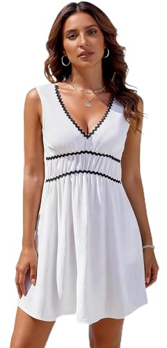 Satohom Mujer Vestido Sexy De Verano, Mujer Estilo Babydoll con Escote En v Profundo Holgado Sin Mangas Informal,Estilo Bikini para Playa y Vacaciones con Cintura Elástica Vestido