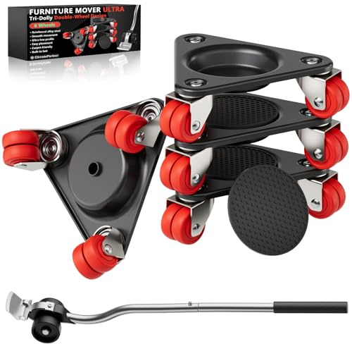 ONEON Kit Mover Muebles Pesados con Elevador de Muebles, Ruedas Dobles, Paneles de Acero al Carbono Reforzados, soporta hasta 600 kg (L+Tri, Rojo)