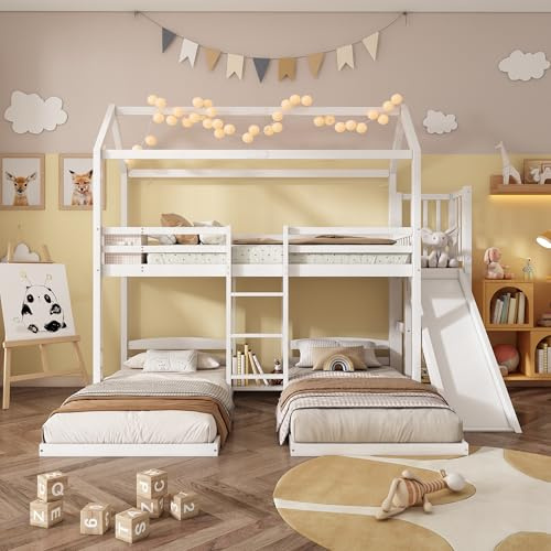 Arhatreya Letto a Castello 90 x 200 cm, Letto a Castello con Scivolo e 3 Posti Letto, per Ragazzi e Bambini (senza Materasso)