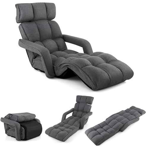 GOPLUS Sillón Relax Reclinable en 6 Posiciones, Sillla Suelo Plegable con Cojín Acolchado, Sofá Orejero Individual para Lectura y Gamer en Dormitorio,196 x 72 x 19.5 cm, Gris (Gris Claro)