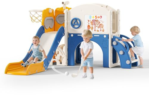Scivolo per bambini 10 in 1, scivolo per bambini da interno ed esterno con canestro da grande con cestino da basket, telaio da arrampicata per giardino, telescopio, spazio di archiviazione