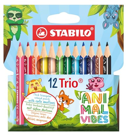 STABILO - Dreikant-Buntstift - Trio dick kurz Animal Vibes - 12er Pack - 12 Farben