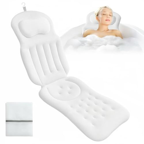 Cojín de baño de cuerpo completo para la bañera, alfombrilla de bañera gruesa con reposacabezas que apoya el cuello, la espalda y las piernas, cojín para bañera con ventosas y ganchos colgantes