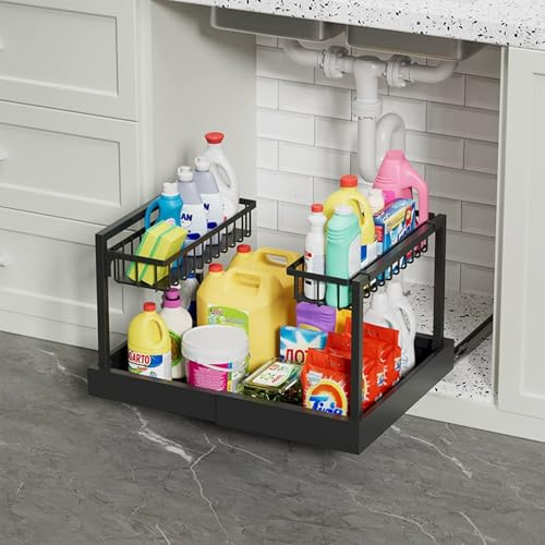 YCBTREE Scaffale sotto il lavello, 2 ripiani estraibili sotto il lavello, 32-52 cm di larghezza, espandibile in acciaio al carbonio, per armadio da cucina e bagno