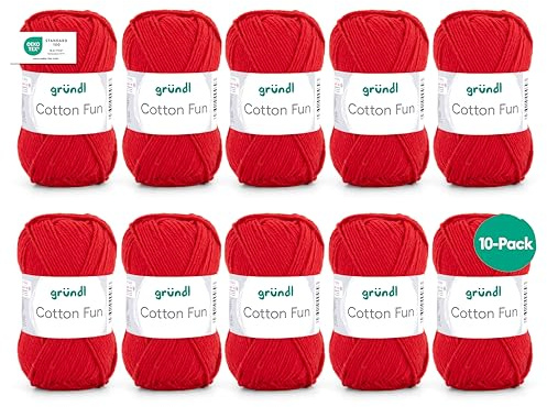 Gründl Wolle Cotton Fun - Wolle zum Häkeln - Strickgarn - Häkelgarn - Pflegeleicht und hautfreundlich - 100% Baumwolle - 10 Knäuel 50 g / 115 m - Nadelstärke 3-4 - Signalrot