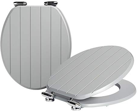 Harbour Housewares Soft Close Wooden Toilet Seat - Grey - Pack of 2 | Oval-Shaped Antibacterial Loo Lid with Easy Install Universal Hinges, Fixings & Fittings for Bathroom Toilet Replacement