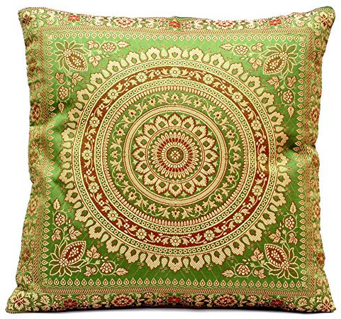 Ruwado Handgewebt und Handgefertigt Indische Banarasi Seide Kissenbezug, Zierkissenbezug, Sofakissenbezug, Dekokissen - Mandala Muster 40 x 40 cm | 16 x 16 Zoll, Froschgrün
