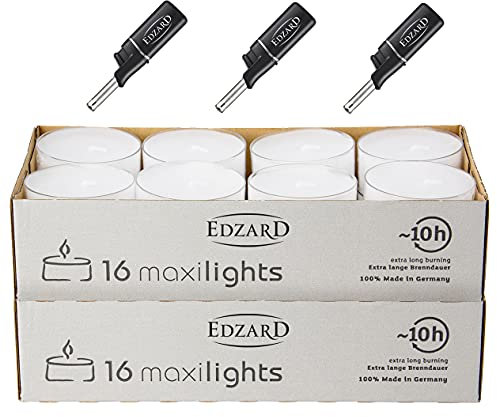Edzard Wenzel Maxilights - 32 Candele scaldavivande maxi, con 3 mini accendini, 54 mm di diametro, 10 ore di combustione, bianche, in paraffina, per vetro, lumini notturni grandi