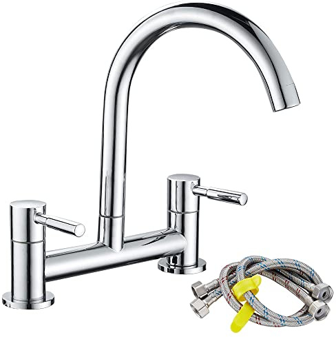 Maynosi Kitchen Sink Mixer Tap, 2 Hole Kitchen Mixer Tap, Dual Lever Bridge Faucet, 180 mm Centers Deck Mounted, 1/4 Turn, 360° Swivel Spout, Chrome Plated, Brass, Include Flexible Hoses