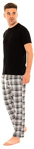 Style It Up Mens Woven Pyjamas Cotton PJ Set Short Sleeve Crew Lounge Top Soft Check Pants (Black, Black-Green, Large)