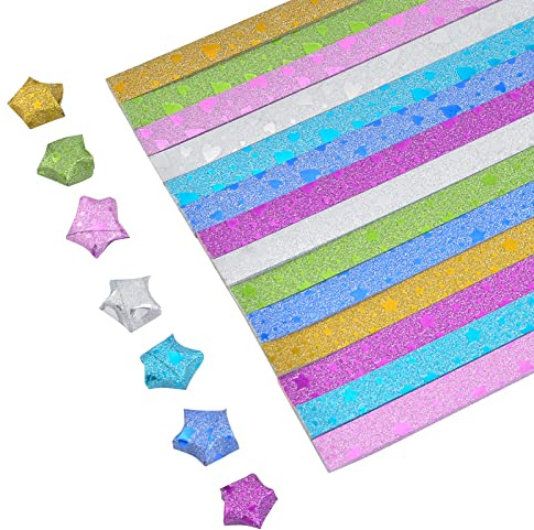 URROMA Strisce di carta a forma di stella, 280 strisce colorate a forma di cuore scintillante per origami, per artigianato, scuola, insegnamento, fai da te, progetti di artigianato