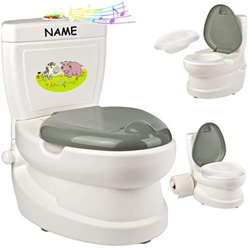 alles-meine.de GmbH Kindertoilette/Töpfchen Spülgeräusch + Licht Zebra & Nilpferd - inkl. Name mit Wasserspülung Sound - Nachttopf/Babytopf - mit Deckel - weiß - Musik ..
