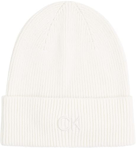 Calvin Klein Damen Strickmütze Embroidery Fine Rib Beanie Warm, Weiß (Lily White), Einheitsgröße