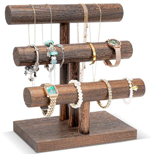 ProCase 3 Etagen T-Form Armbandhalter aus Holz, Abnehmbare Armband Halterung Schmuckhalter Armbänder Display, Vintage Armbandständer Uhrenständer Aufbewahrung für Armreifen Haarklammern Uhren -Braun