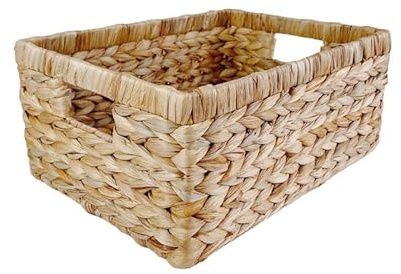 Pixoframe Large Rectangular Handwoven Wicker Basket - Natural Water Hyacinth Storage Baskets with 2 Built-in Handles - Ideal for Towel, Blankets, and Home Organizer & Decor - 15x 11x6.75 - Brown