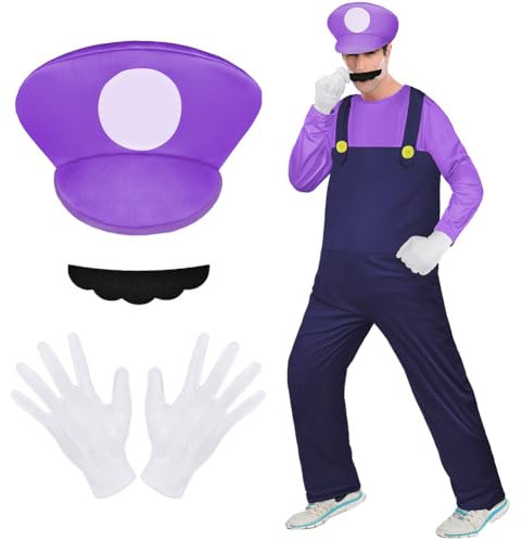 Aomig Cosplay Kostüm, 4 Pcs Luigi Bros Cosplay mit Mütze Hose Bart Handschuhe, Super-Brüder Luigi Kostüm Set Männer Damen, Erwachsene Outfit Kostüm für Weihnachten Karneval Faschingskostüme (Lila,L)
