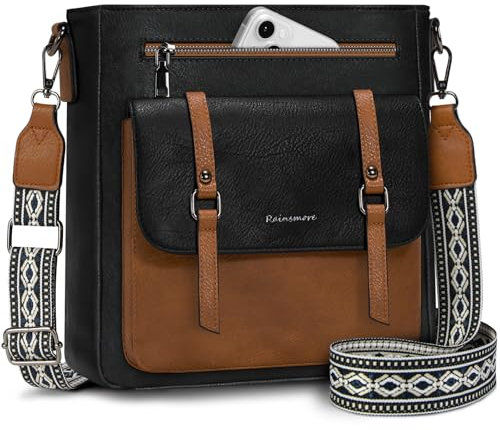 RAINSMORE Umhängetasche Damen Mittelgroß Handtasche Damen Leder Crossbody Bag Damen-Umhängetaschen Schultertasche Handtaschen Damenhandtasche mit Breiten Schultergurten Schwarz und Braun