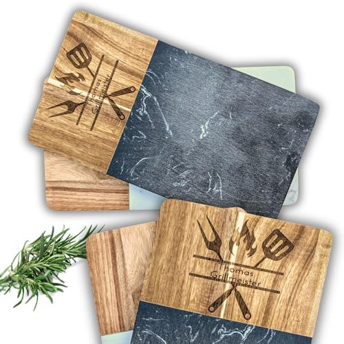 C|UTE – Schneidebrett personalisiert mit Gravur aus Akazienholz & Marmor | Servierbrett, Grillteller & Grillbrett | Geschenk für Papa, Mama, Grillmeister, Hochzeit & Geburtstag (Grill Design)