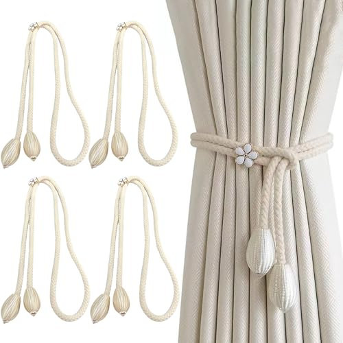 Hurifeng Vorhang Raffhalter 4 Stück - Handgefertigte Baumwoll Seil Vorhangbänder, Verstellbare Curtain Rope Buckle - 50cm Elastisch für 3-8m Gardinen, Ideal für Wohnzimmer Schlafzimmer Balkon Boho Dek