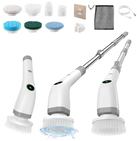 Electric Spin Scrubber, Full-Body IPX7 Waterproof Bathroom Scrubber with Power LCD Display,7 in 1 Brush Heads Dual Speed, Adjustable Extension Handle for Floor,Kitchen,Bathtub,Stove,Car,Tile