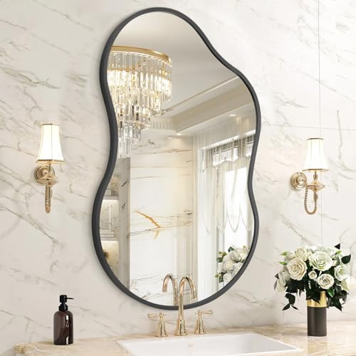 HLFMVWE Espejo de pared asimétrico con marco de metal negro, espejo decorativo irregular para baño, espejos asimétricos de 40 x 65 cm, para casa de campo, antioxidante, vidrio templado