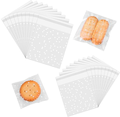 200 Pcs Clear Cellophane Bags, 2 Size Clear Frosted Plastic Package, Self Adhesive Small Plastic Packaging Bags with White Dot, for Cookies Biscuit, Packaging, Sweets, Chocolates, Jewelry, Cards