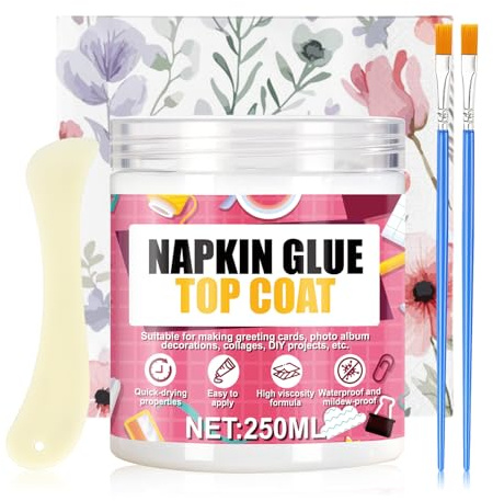 Colla per Decoupage, colla per decoupage con Tovaglioli, Collas Decoupages, Finitura Opaca Resistente Alle Intemperie, Adatta per Legno, Ceramica, Pietra e Cartone, 250ml