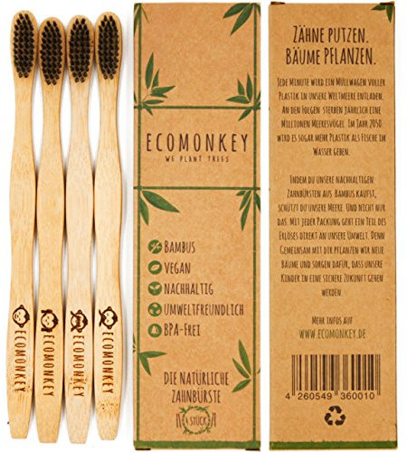Bambus Zahnbürste im 4er Pack ✮ Weiche Borsten ✮ Vegan ✮ Biologisch Abbaubar ✮ Nachhaltig ✮ 100% BPA-frei ECOMONKEY®