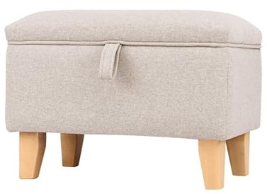INMOZATA Linen Footstool with Storage Upholstered Storage Footstool Ottoman Pouffe Stool Change Shoe Footrest with Wooden Legs for Living Room Bedroom Beige