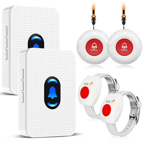 Daytech Avisador Personas Mayores,Transmisión inalámbrica 150M Botón de Emergencia para Ancianos,Pulsera Alarma Personas Mayores(2 Receptor + 2 Botón + 2 Pulsera)