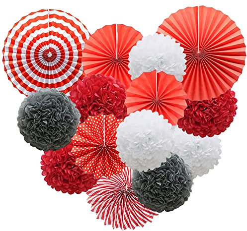 Gute Seidenpapier Pompons Pompoms Set Hängende Papier Fans Papierblumen Ball, Fächer Dekoration,Festival, Party Dekoration (Rot Thema) a