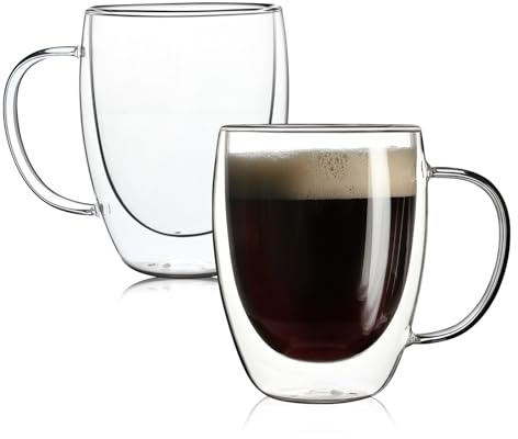 Aurzen 2 Pack Double Walled Glass Coffee Mugs with Handles, Large Insulated Layer Coffee Cups, 12oz Clear Borosilicate Mugs, Perfect for Cappuccino, Tea, Microwave Safe