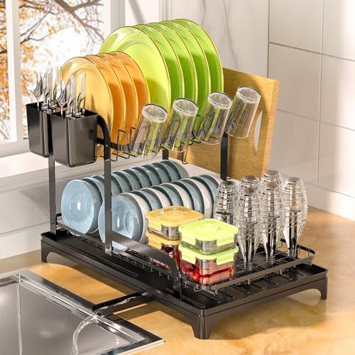 Yexati Grande capacità, scolapiatti a 2 livelli, con vassoio antigoccia, anti-ruggine, per il bancone della cucina Plus porta utensili, scolapiatti per bottiglie, nero